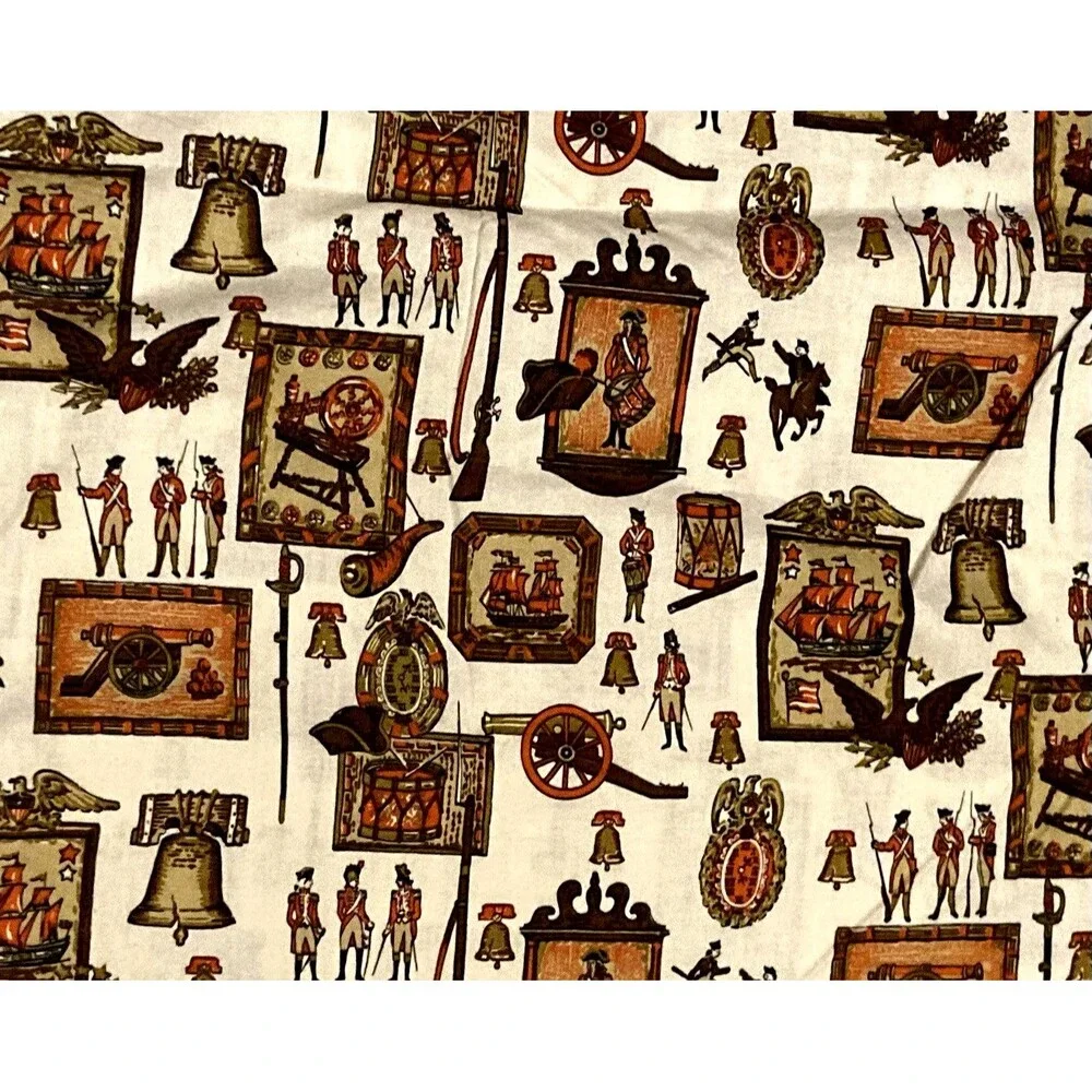 Vintage Colonial Americana Fabric Beige Cotton 2 Yds + 20